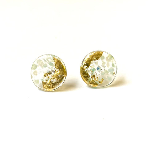 Glass and Gold Midi Mottled Stud Earrings, Frost