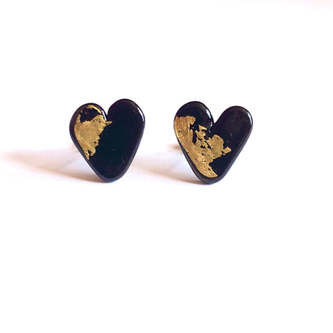 Black Gold Handmade Glass Heart Stud Earrings